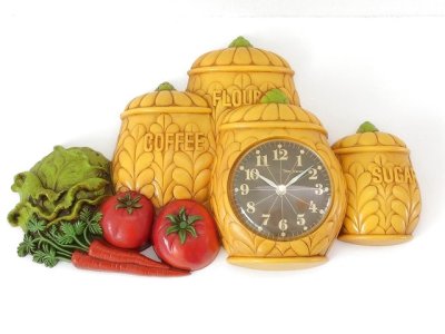 画像1: キッチン キャニスター 野菜 ベジタブル ウォールクロック 壁掛け時計 ヴィンテージ 1980's vintage Burwood社製