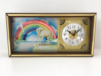画像2: ヴィンテージ ウォールクロック 虹 ユニコーン バード シャドーボックス 壁掛け時計 置時計 1970's アンティーク ビンテージ