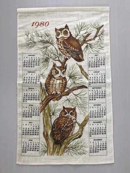画像1: 1980年 ヴィンテージ キッチン ティータオル カレンダー ふくろう OWL vintage USA ヨーロッパ (1)