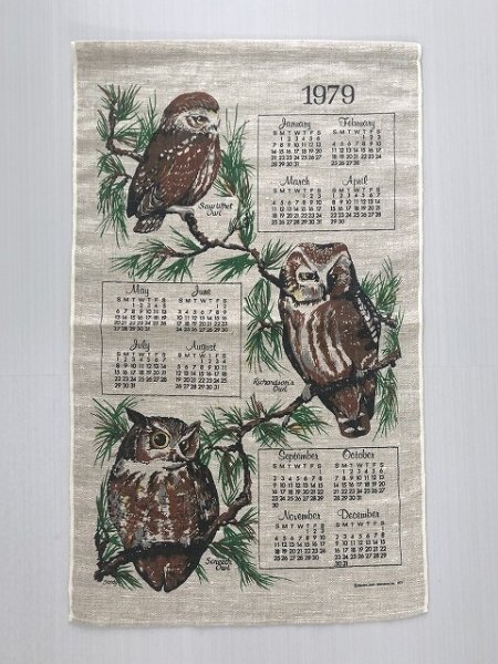 画像1: 1979年 ヴィンテージ キッチン ティータオル カレンダー ふくろう OWL vintage USA ヨーロッパ (1)